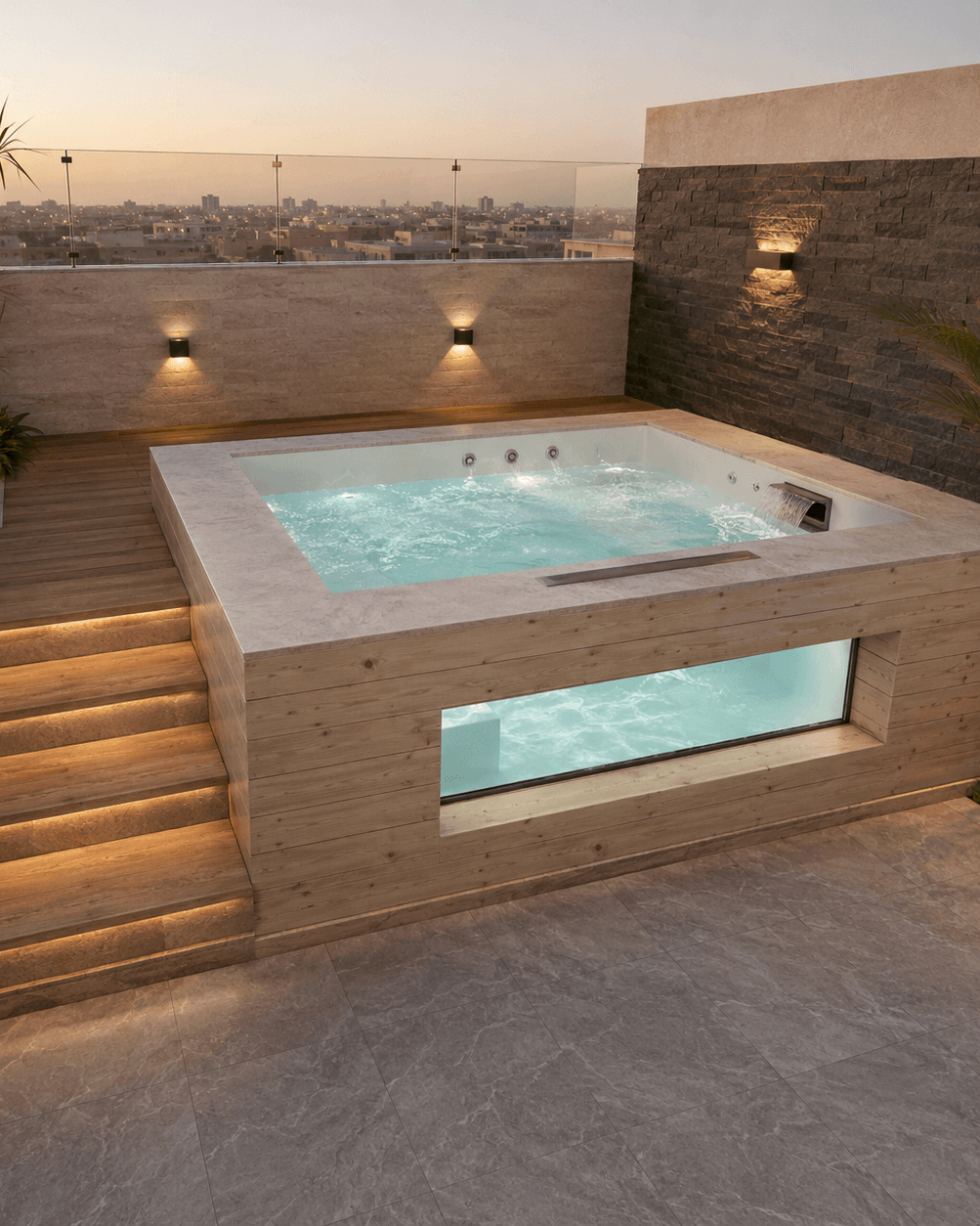 جاكوزي حديث بتصميم هندسي متطور مع أنظمة تدليك مائي وتدفئة وفلترة عالية الكفاءة، تم تنفيذه وفق أعلى معايير الجودة بواسطة AMADOU.